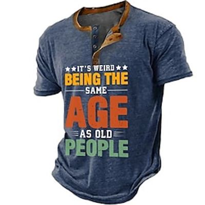 Graphic Letters Fashion Retro Vintage Classic Men's 3D Print T shirt Tee Henley Shirt Sports Outdoor Holiday Going out T shirt Blue Dark Blue Gray Short Sleeve Henley Shirt Spring  Summer Clothing Lightinthebox
