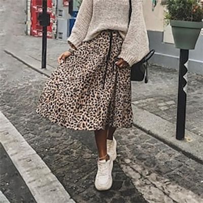 Women's Skirt Long Skirt Midi Leopard Grey Skirts Spring  Summer Pleated Drawstring Print Fashion Elegant Casual Street Daily S M L Lightinthebox