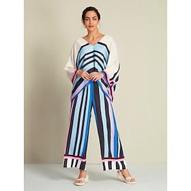 Satin Stripe Magyar Sleeve BlouseSatin Casual Wide Leg Maxi Pants Two Piece Set