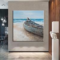 Handmade Hand Painted Oil Painting Wall Art Hand Painted Art Blue Boat on the Beach Oil Painting Art Rolled Canvas No Frame Unstretched Lightinthebox