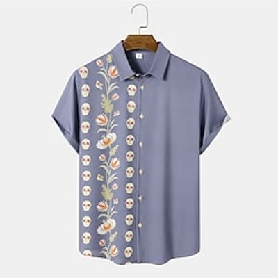 Men's Shirt 3D Print Floral Skull Turndown Halloween Street Button-Down Print Short Sleeves Tops Designer Casual Fashion Breathable Blue  Summer Lightinthebox