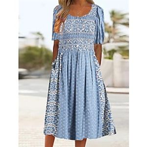 Women's Casual Dress Ethnic Dress Summer Dress Tribal Pocket Print Crew Neck Midi Dress Vintage Ethnic Outdoor Date Short Sleeve Regular Fit Blue Summer Spring S M L XL XXL Lightinthebox