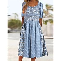 Women's Casual Dress Ethnic Dress Summer Dress Tribal Pocket Print Crew Neck Midi Dress Vintage Ethnic Outdoor Date Short Sleeve Regular Fit Blue Summer Spring S M L XL XXL Lightinthebox - thumbnail