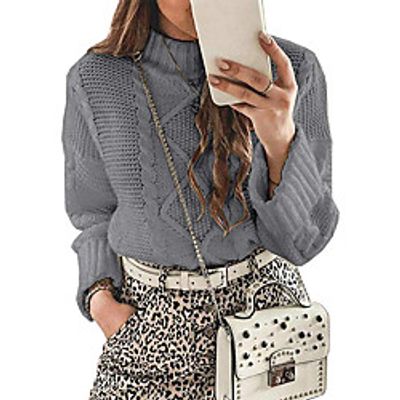 Women's Pullover Sweater Knitted Solid Color Stylish Basic Casual Long Sleeve Sweater Cardigans Crew Neck Fall Winter Gray Khaki White miniinthebox