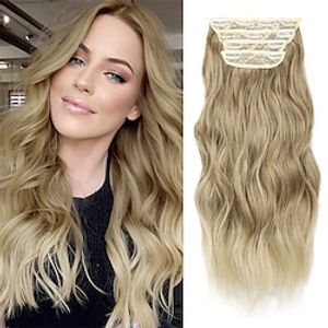 Clip in Natural Hair Extensions Long Wavy 4PCS Thick Hairpieces Dark Ash Blonde Mixed Bleach Blonde Double Weft Synthetic 20 Inch for Women miniinthebox