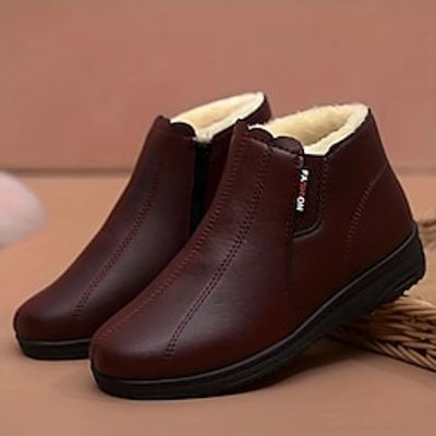 Women's Boots Snow Boots Outdoor Daily Fleece Lined Booties Ankle Boots Flat Heel Round Toe Plush Casual Comfort PU Loafer Wine Black Brown Lightinthebox
