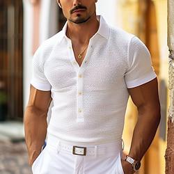 Men's Waffle Polo Shirt Golf Shirt Casual Holiday Lapel Short Sleeve Fashion Basic Plain Button Summer Spring Regular Fit White Beige Light Blue Waffle Polo Shirt Lightinthebox