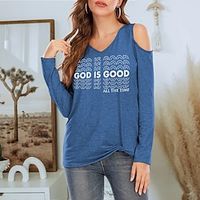 Women's Text Casual Weekend Painting T shirt Tee Long Sleeve Cut Out Print V Neck Basic Essential Tops Blue Gray Pink S Lightinthebox - thumbnail