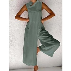 Women's Jumpsuit Button Solid Color Round Neck Casual Daily Vacation Straight Loose Fit Sleeveless Sleeveless White Light Green Pink S M L Summer Lightinthebox