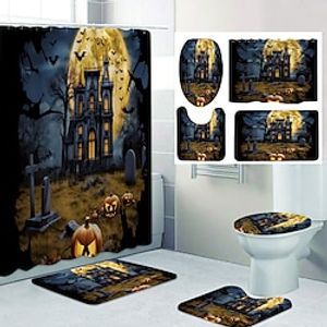 Halloween 4 Pcs Shower Curtain Set Bathroom Sets Modern Home Bathroom Decor with Bath Mat U Shape and Toilet Lid Cover Mat and 12 Hooks miniinthebox