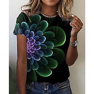 Women's Floral Theme Painting T shirt Striped Color Block Print Round Neck Basic Tops Black miniinthebox