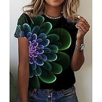 Women's Floral Theme Painting T shirt Striped Color Block Print Round Neck Basic Tops Black miniinthebox - thumbnail