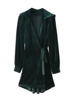 Women Hooded Belted Velvet Coat - thumbnail