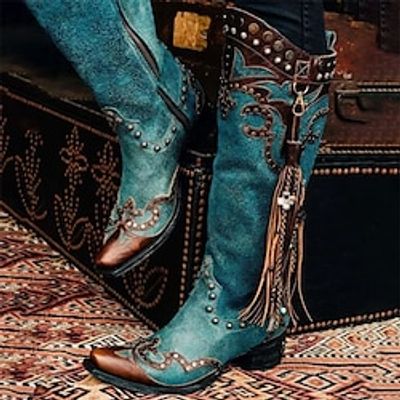 Women's Boots Cowboy Boots Plus Size Outdoor Work Daily Knee High Boots Rivet Embroidery Block Heel Chunky Heel Pointed Toe Square Toe Fashion Elegant Classic PU Zipper Floral Blue Lightinthebox