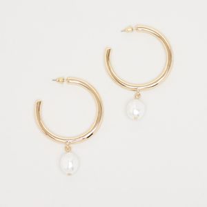 Metallic Gold Finish Hoop Earrings with Pearl Drop