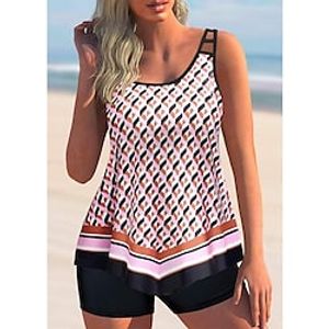 Women's Swimwear Tankini 2 Piece Normal Swimsuit 2 Piece Printing Geometic Orange Tank Top Bathing Suits Sports Beach Wear Summer Lightinthebox