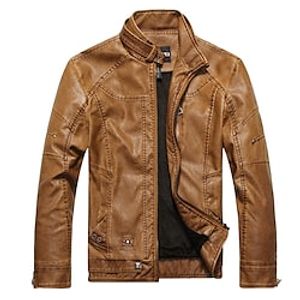 Men's Faux Leather Jacket Biker Jacket Motorcycle Jacket Thermal Warm Rain Waterproof Daily Stand Collar Jacket Outerwear Solid Colored Black Brown Khaki miniinthebox