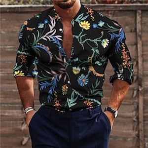 Men's Shirt Floral Stand Collar Black 3D Print Outdoor Street Long Sleeve Button-Down Print Clothing Apparel Fashion Designer Casual Breathable miniinthebox