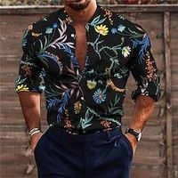 Men's Shirt Floral Stand Collar Black 3D Print Outdoor Street Long Sleeve Button-Down Print Clothing Apparel Fashion Designer Casual Breathable miniinthebox - thumbnail
