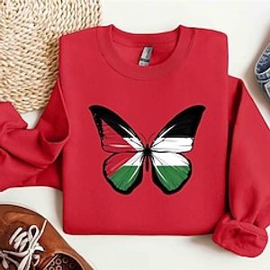 Women's Sweatshirt Palestine Butterfly Sweatshirt, Palestine Hoodie Pullover Cotton Butterfly Active Sportswear Print Black White Red Gaza Hoodie, Human Rights Sweater Lightinthebox