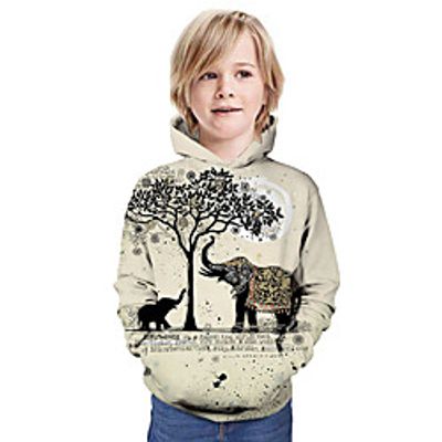 Kids Boys' Hoodie  Sweatshirt Long Sleeve 3D Print Graphic Elephant Animal Unisex Beige Children Tops Summer Active Daily Wear Christmas Regular Fit 3-13 Years miniinthebox