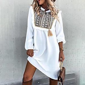 Women's A Line Dress Knee Length Dress Khaki White Black Long Sleeve Print Patchwork Print Fall Shirt Collar Casual 2021 S M L XL XXL 3XL 4XL 5XL miniinthebox
