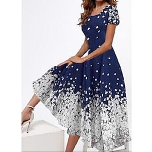 Women's Casual Dress Swing Dress Floral Dress Maxi long Dress Navy Blue Short Sleeve Floral Print Spring Summer Square Neck Elegant Party 2023 S M L XL XXL miniinthebox