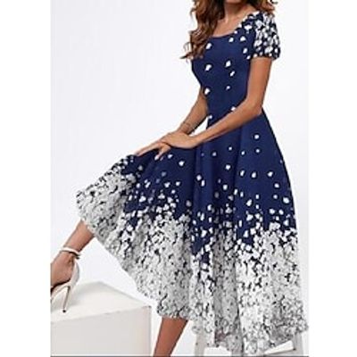 Women's Casual Dress Swing Dress Floral Dress Maxi long Dress Navy Blue Short Sleeve Floral Print Spring Summer Square Neck Elegant Party 2023 S M L XL XXL miniinthebox