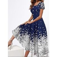 Women's Casual Dress Swing Dress Floral Dress Maxi long Dress Navy Blue Short Sleeve Floral Print Spring Summer Square Neck Elegant Party 2023 S M L XL XXL miniinthebox - thumbnail