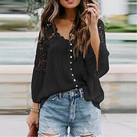 Women's Shirt Blouse Black White Red Plain Lace Patchwork Long Sleeve Daily Weekend Streetwear V Neck Regular S miniinthebox - thumbnail