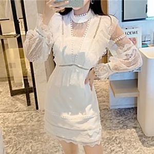 A-Line Elegant Vintage Homecoming Cocktail Party Dress High Neck Long Sleeve Short / Mini Lace with Tier Lace Insert 2021 miniinthebox