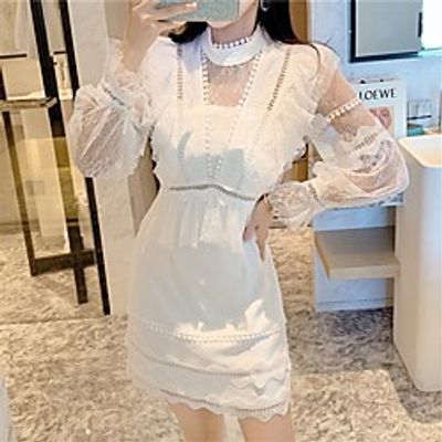 A-Line Elegant Vintage Homecoming Cocktail Party Dress High Neck Long Sleeve Short / Mini Lace with Tier Lace Insert 2021 miniinthebox