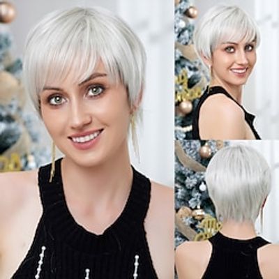 Human Hair Blend Wig Short Natural Straight Pixie Cut Side Part Layered Haircut Asymmetrical Silver Cosplay Curler  straightener Natural Hairline Capless Brazilian Hair Women's All Sliver White 8 Lightinthebox