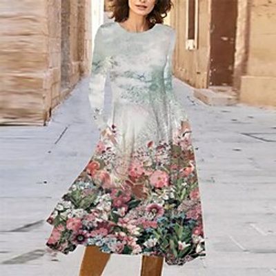 Women's Casual Dress Swing Dress Midi Dress Green Long Sleeve Floral Pocket Winter Fall Autumn Round Neck Vacation Winter Dress Fall Dress 2023 S M L XL XXL 3XL miniinthebox