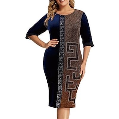 Women's Plus Size Work Dress Color Block Crew Neck Print Long Sleeve Fall Winter Work Midi Dress Daily Vacation Dress Lightinthebox
