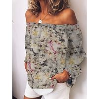 Women's Blouse Shirt Gray Floral Off Shoulder Print Long Sleeve Holiday Weekend Streetwear Casual Off Shoulder Regular Floral S  3D Print Lightinthebox - thumbnail