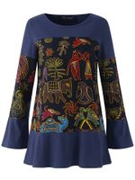 O-NEWE Vintage Printed Stitching Long Sleeve Blouse