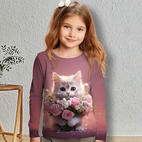 Girls' 3D Cat Floral Tee Shirt Pink Long Sleeve 3D Print Fall Winter Active Fashion Cute Polyester Kids 3-12 Years Crew Neck Outdoor Casual Daily Regular Fit miniinthebox