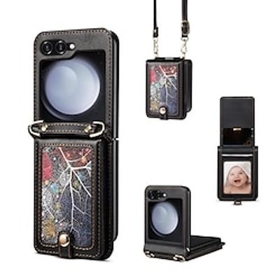 Phone Case For Samsung Galaxy Z Flip 5 Z Flip 4 Z Flip 3 Back Cover Wallet Case with Lanyard with Wrist Strap Card Slot Retro TPU PU Leather miniinthebox