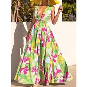Women's Casual Dress Swing Dress Floral Print Lace up V Neck Long Dress Maxi Dress Streetwear Maxi Street Holiday Sleeveless Regular Fit Green Summer Spring S M L XL Lightinthebox