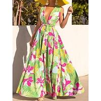 Women's Casual Dress Swing Dress Floral Print Lace up V Neck Long Dress Maxi Dress Streetwear Maxi Street Holiday Sleeveless Regular Fit Green Summer Spring S M L XL Lightinthebox - thumbnail