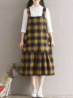 Casual Loose Plaid Big Pockets Women Suspender Skirts