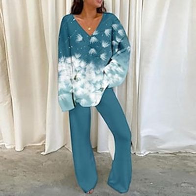 Women's T shirt Tee Pants Sets Plant Red Blue Purple Print Long Sleeve Outdoor Casual Sports Daily V Neck Loose Fit Spring   Fall Lightinthebox