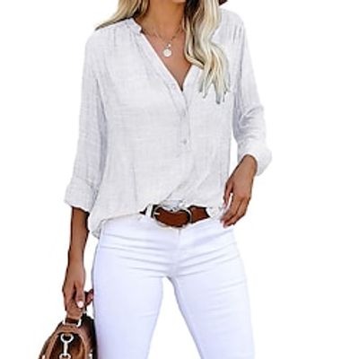 Women's Shirt Black White Red Plain Long Sleeve Casual Daily Casual V Neck Regular S miniinthebox