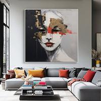 Handmade Oil Painting Canvas Wall Art Decoration Modern Abstract Golden Human Face Art Pretty Woman for Home Decor Rolled Frameless Unstretched Painting Lightinthebox