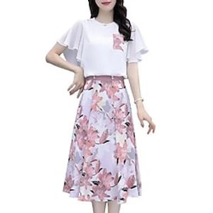 Women's Dress Set Two Piece Dress Swing Dress Midi Dress Blue Pink Yellow Short Sleeve Floral Ruffle Spring Summer Crew Neck 2022 S M L XL XXL miniinthebox