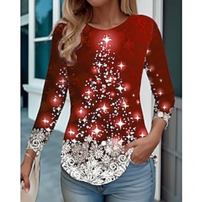 Women's T shirt Tee Christmas Shirt Yellow Red Blue Christmas Tree Sparkly Print Long Sleeve Party Christmas Weekend Festival  Holiday Round Neck Regular Fit Painting Spring   Fall Lightinthebox