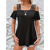 T shirt Tee Women's Black Solid Color Cold Shoulder Street Daily Fashion Off Shoulder S Lightinthebox - thumbnail