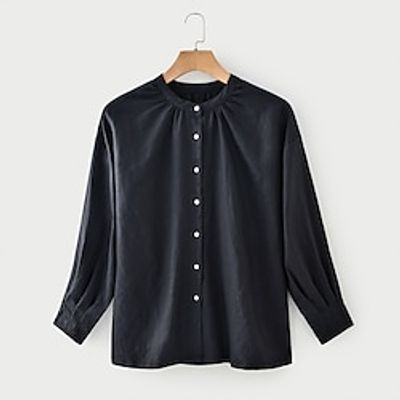 Women's Shirt Blouse Linen Plain Black Button Long Sleeve Casual Fashion Round Neck Regular Fit Spring   Fall Lightinthebox