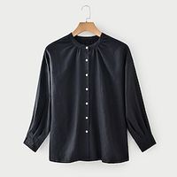Women's Shirt Blouse Linen Plain Black Button Long Sleeve Casual Fashion Round Neck Regular Fit Spring   Fall Lightinthebox - thumbnail